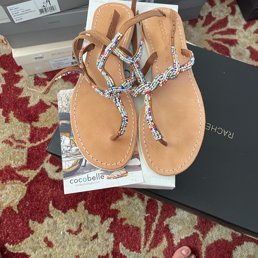 Women's Beaded Sandals - Tan and Multicolor
